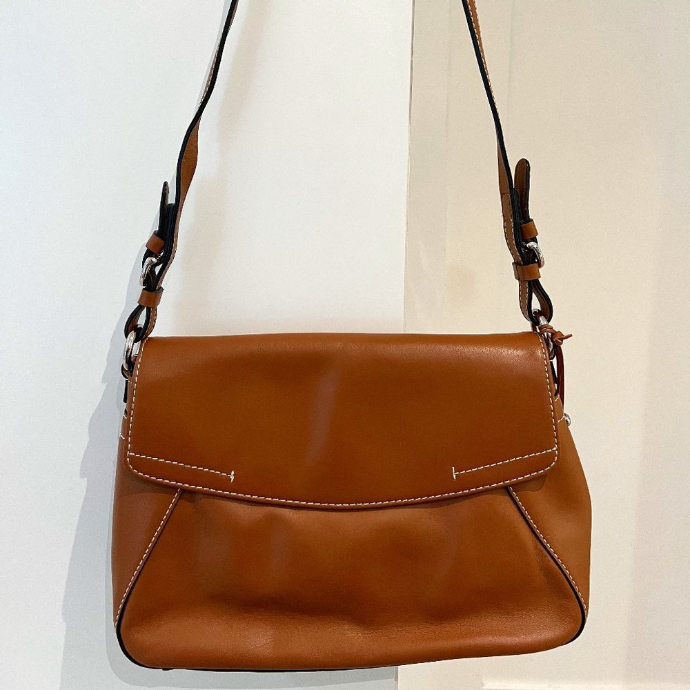 Antonio Melani Light Brown Leather White Stitch Envelope Shoulder Purse Bag